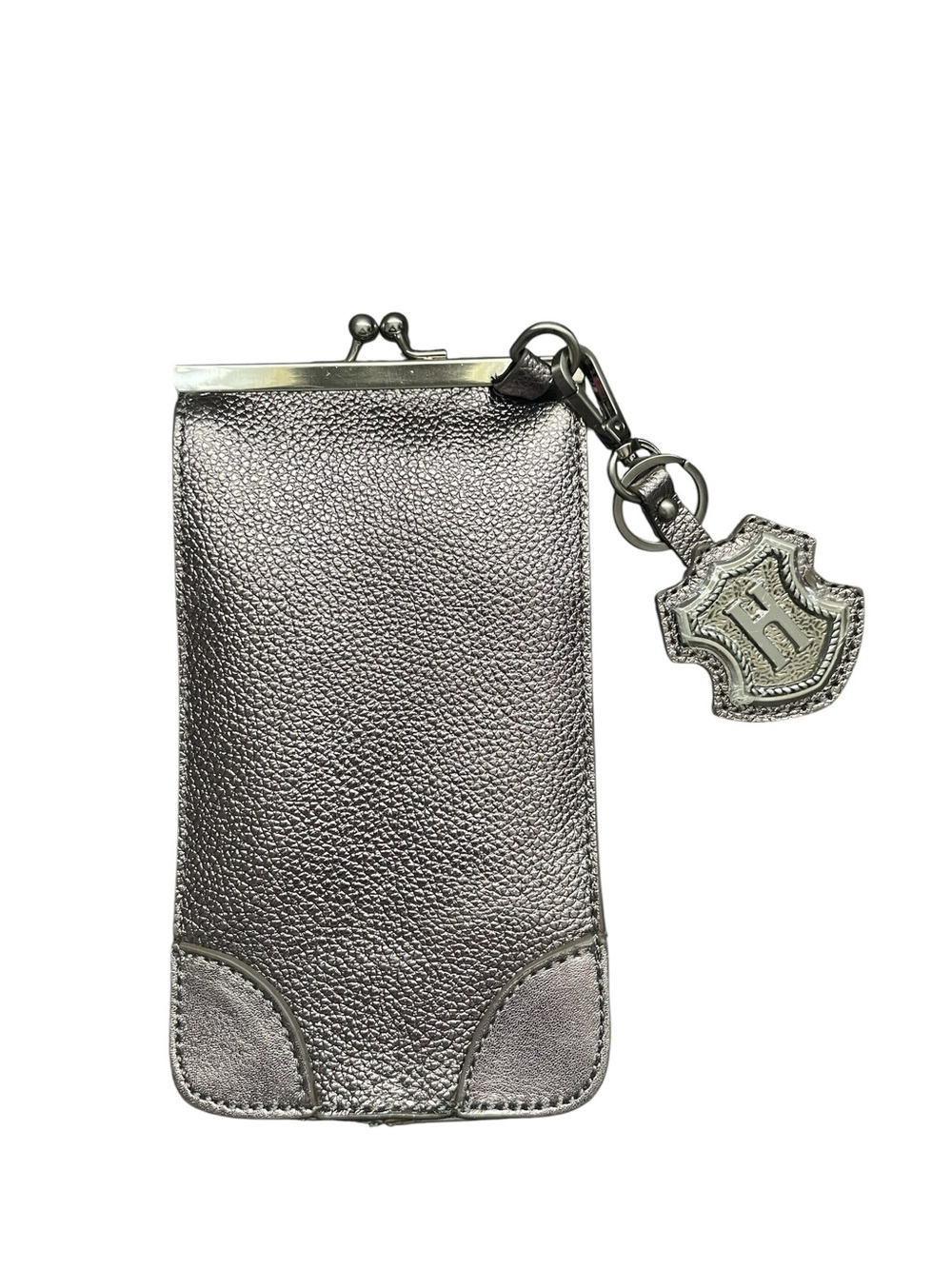 JW Hulme Metallic Pewter Leather Kisslock Wallet Phone Pouch Case Shield Charm